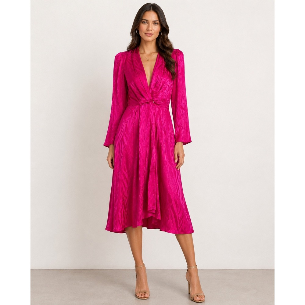 Argenti Midi Dress Women 6 Pink Wrap V-Neck Long Sleeve Silk Jacquard Vintage